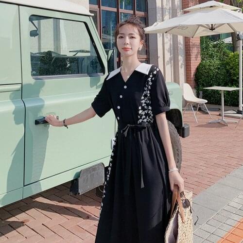 Short Sleeve V-neck Splice Floral Black Vintage Bandage Dresses for Women 2021 Summer Elegant Chic Loose Casual Long Shirt Dress