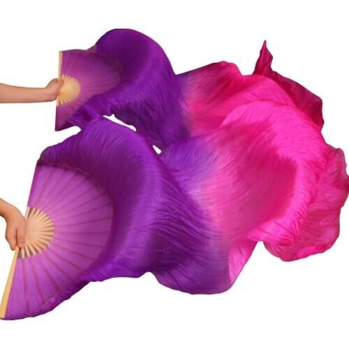 100% Silk Handmade Dyed Bamboo Ribs Dance Props Silk Belly Dance Fans Natural Silk 1Pc Left hand+Right hand Purple+Rose 5 Sizes