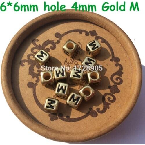 2600pcs Alphabet Sqaure Cube Acrylic Single Letter M Beads Alphabet Beads Gold Letter Beads, 6mm, 4mm Hole