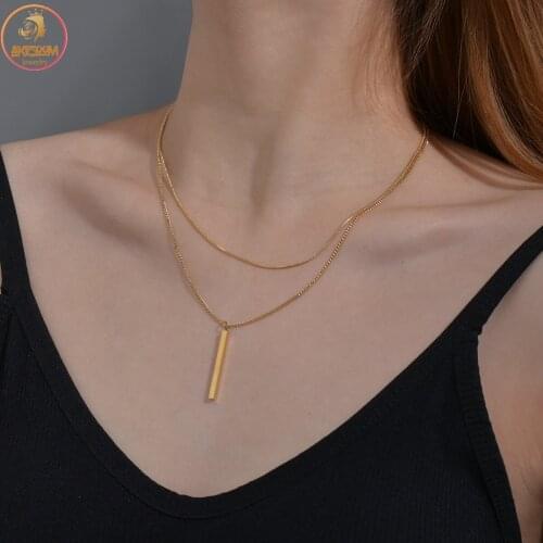 Akizoom Fashion Stainless Steel Necklace for Women Double Layers Cylinder Long Chain Necklaces 2 Color Jewelry Party Gift