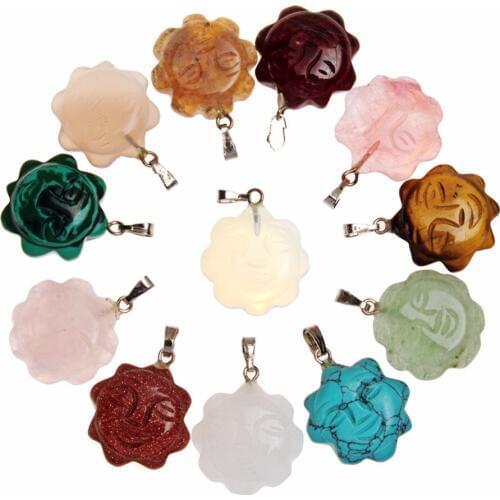 Druzy Multicolor Beads Vintage Engraved Inspirational Sun Flower Face Opal pink Quartz Cabochon Pendants Findings Charms Crafts