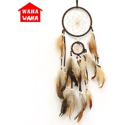 Two Rings Indian Dreamcatcher Handmade Brown Dream Catcher with Feathers Pendant Wall Hanging Decoration Home Car Decor Craft