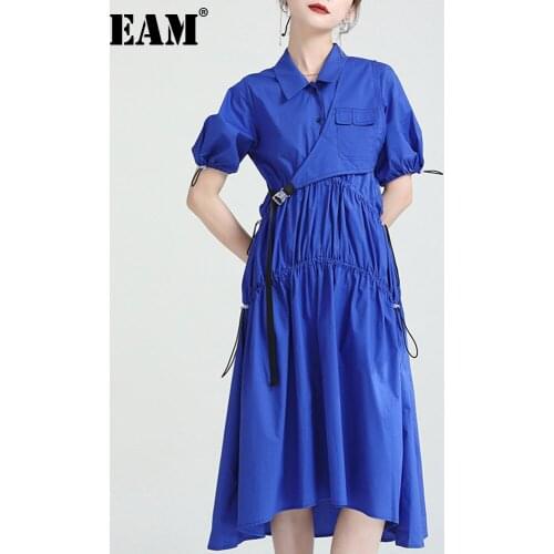 [EAM] Women Blue Pleated Big Size Long Shirt Dress New Lapel Short Sleeve Loose Fit Fashion Tide Spring Summer 2021 1DD9933