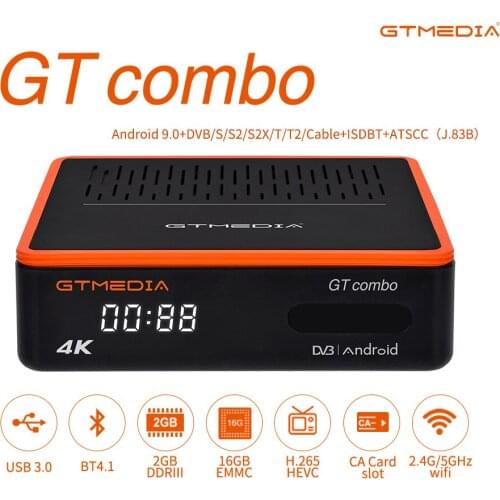 GTMEDIA GT COMBO Android 9.0 TV BOX+DVB-S/S2/S2X,DVB+T/T2/Cable/ATSC-C(J.83B)/ISDBT 4K USB+BT4.1+2.4G/5GHz wifi+2GB DDRIII+16GB