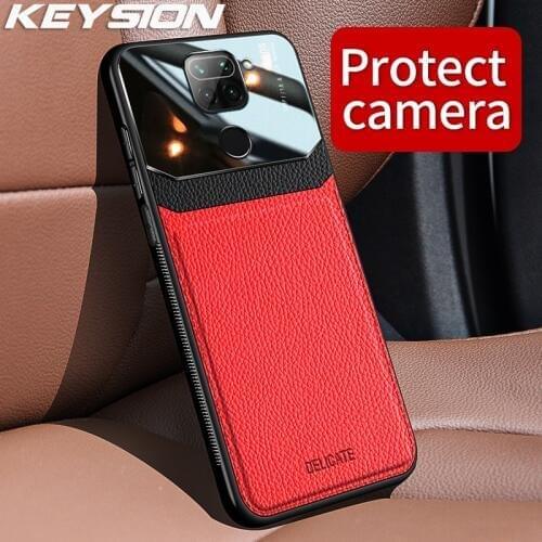 KEYSION Fashion Shockproof Case for Xiaomi Redmi Note 9 Leather Mirror Tempered Glass Phone Back Cover for Redmi 10X 4G