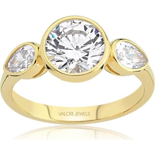 Valori Jewels 2.66 Carat, Zirconia White Round And Pear Gemstone, Gold Plated, Sterling Silver Ring