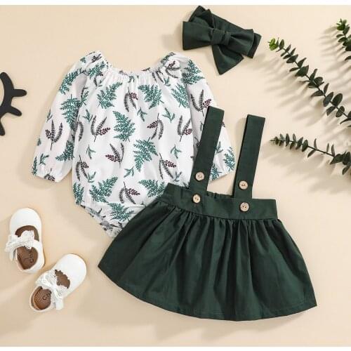 FOCUSNORM 3pcs Lovely Baby Girls Autumn Clothes Sets 0-24M Flowers Printed Long Sleeve Romper Tops Suspender Skirt Headband