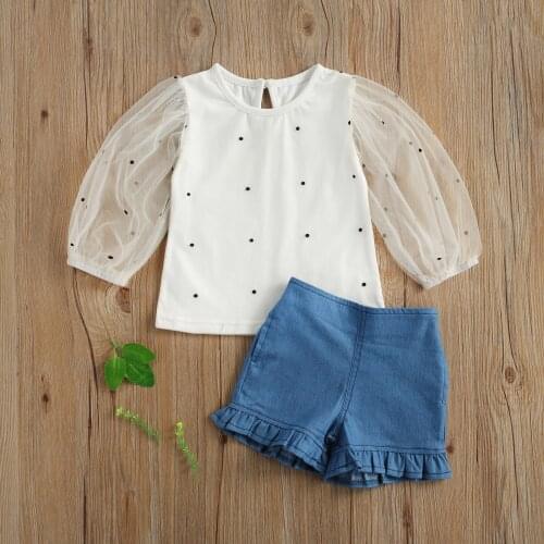 2Pcs Fashion Kids Girl Clothes Polka Dot Puff Long Sleeve Top Ruffle Denim Shorts Outfits Baby Spring Summer Clothing 1-6T