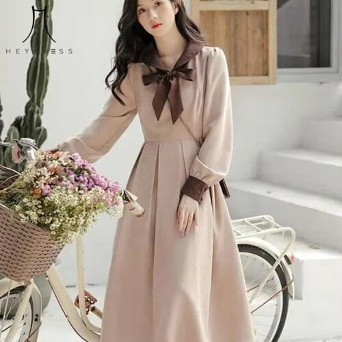 Heydress Women 2021 New Vintage Elegant Ladies Bow Long Sleeve Dresses for Spring Autumn French Corduroy Dress