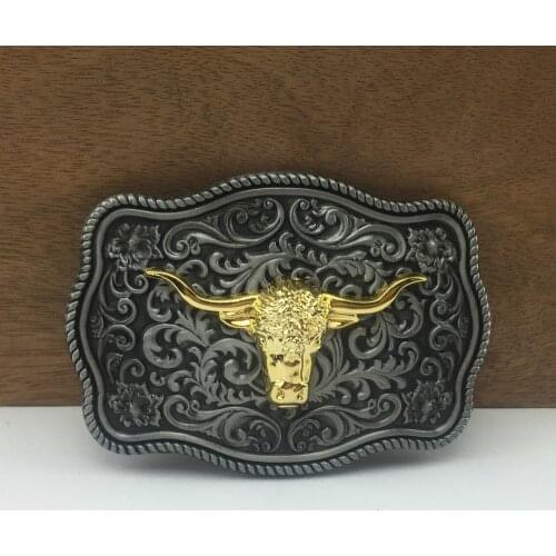 BuckleClub wholesale retro western flower bull head cowboy jeans gift belt buckle FP-03703 PEWTER FINISH for men 4cm width loop