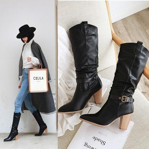 Women Mid-calf Boots Winter PU Leather Square Heel Boots Female Slip-on Pleated Buckle Pointed Toe Fashion Boots Women Shoes