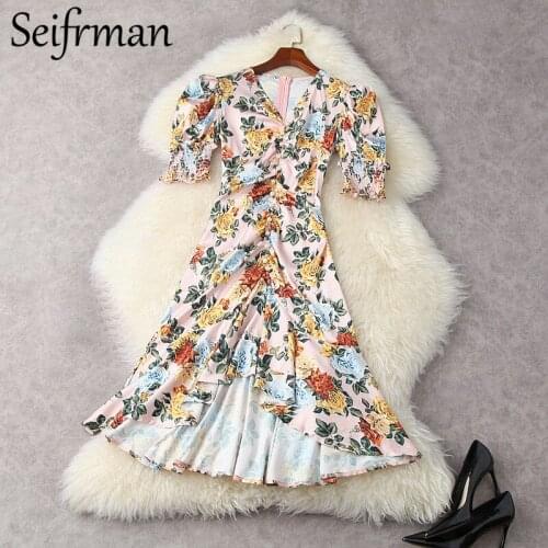 Seifrmann New 2021 Summer Women Fashion Runway Party Midi Dress Lantern Sleeve Ruffles Beading Floral Print Asymmetrical Dress