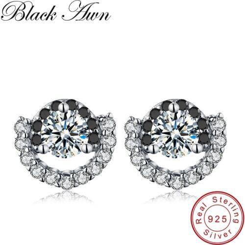 [BLACK AWN] Genuine 2.5g 925 Sterling Silver Earring Fine Jewelry Black Spinel Engagement Stud Earrings for Women T075