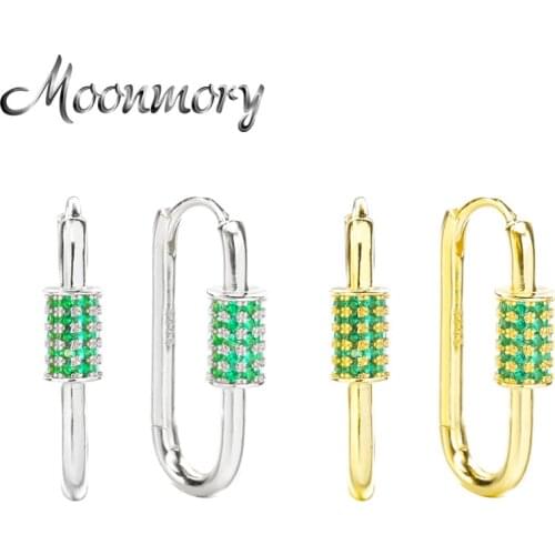 Moonmory 925 Sterling Silver Silver Paper Clip Earrings For Women White Green Zircon Big Earrings 2021 European Pop Jewelry Gift