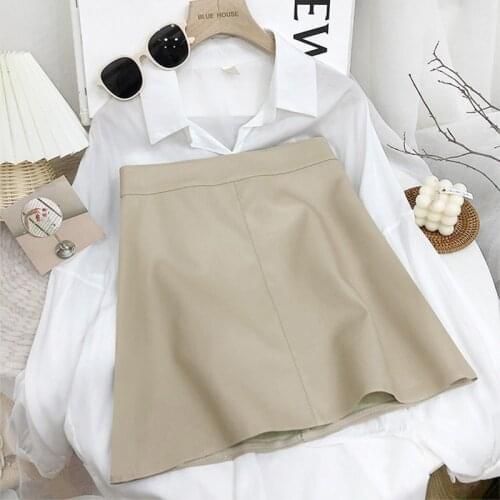 Faux PU Leather Womens Mini Skirt With Lining Solid Pink High Waist Zipper Female Short Skirts Black A-line Ladies Bottoms