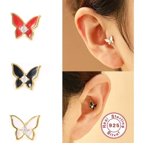 BOAKO 1PCS 925 Sterling Silver Purple Black Enamel Zircon Butterfly Stud Earring For Women Jewelry Pendientes Brincos Joyero CZ