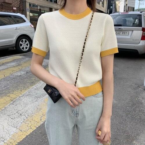 2020 New O-Neck Knitting T-shirts Colorblock Summer Women Tops Tee Female Short Sleeve Fashion Casual Hight Quality Patchwork