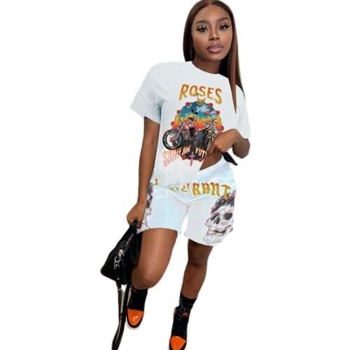 Gothic Two Piece Set Women Summer Streetwear Casual Short Sleeve Casual High Waist Loose Shorts Tracksuit Women 2021