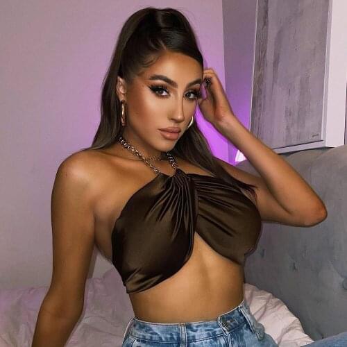 Women Summer Vest Removable Chain Halter Off Shoulder Sleeveless Crop Tops Female Short Camis Clubwear Spagetti Strap Camisole