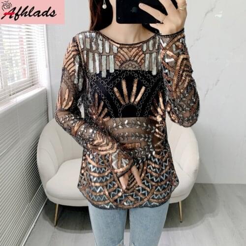 Sexy Spring And Autumn Sweet New High-Quality Beaded Embroidery Lace Sequins Long Sleeved Streetwear Pullover Tops