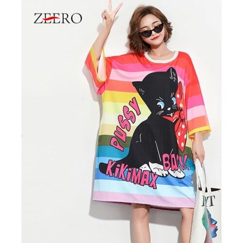 Casual Words Cartoon Print Long T Shirt Dresses for Women Summer Korean Oversize Midi Dress Female Long Tees Tops Vestidos Mujer