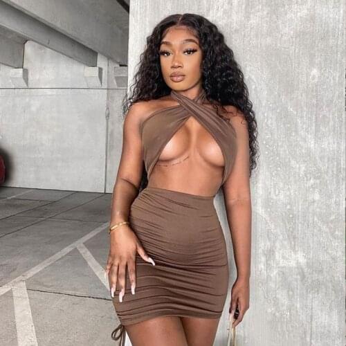 White Ruched Bodycon Dress Women Drawstring Hollow Out Party Mini Dresses Halter Cross Skinny Casual Short Robe Birthday Outfit