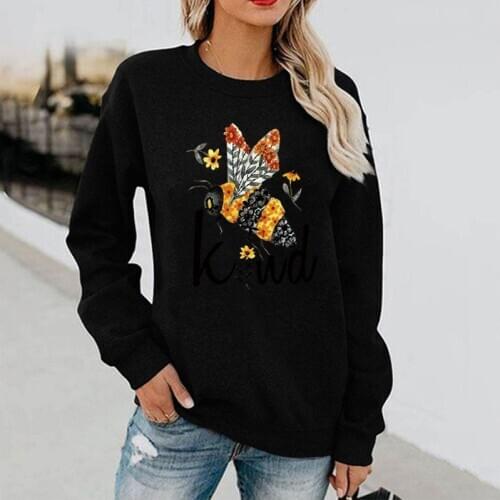 2021 Bee Pattern Printed Hoodless Round Neck Long-sleeved Women Sweatshirt Plus Size Pullover Female Casual Hoody Tops