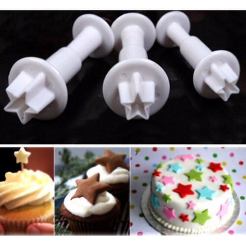 ANGRLY 3pc/set Five-Pointed Star Cake Plunger Cutter Mold Sugacraft Fondant Cake Decorating DIY Tools Fondant Plunger Candy Box