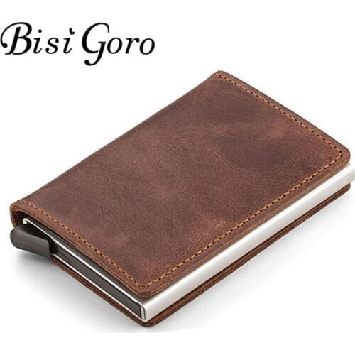 BISI GORO 2021 Unisex Genuine Leather Card Holder Vintage Purse Crazy Horse Leather Rfid Aluminium Credit Business Card Holder