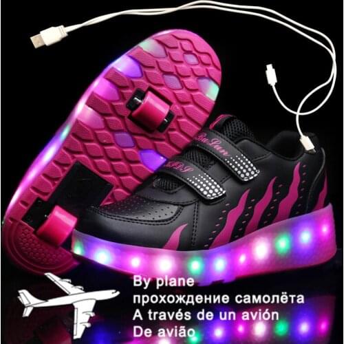 Children Two Wheels Luminous Glowing Sneakers Black Pink Led Light Roller Skate Shoes Kids Led Shoes Boys Girls USB Charging 43