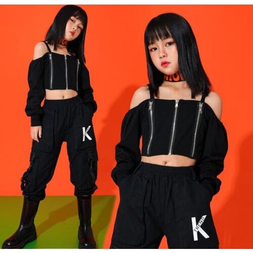 2021 Kids Fashion Jazz Dance Costume Hiphop Dresses For Girls Stage Performance Cheerleader Costumes One Shoulder Top+pant Set