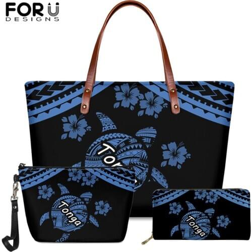 FORUDESIGNS Blue Large Capacity Luxury Handbag Polynesian Tanga Tatton Turtle Floral Printing Brand Design 3set Women Wallet