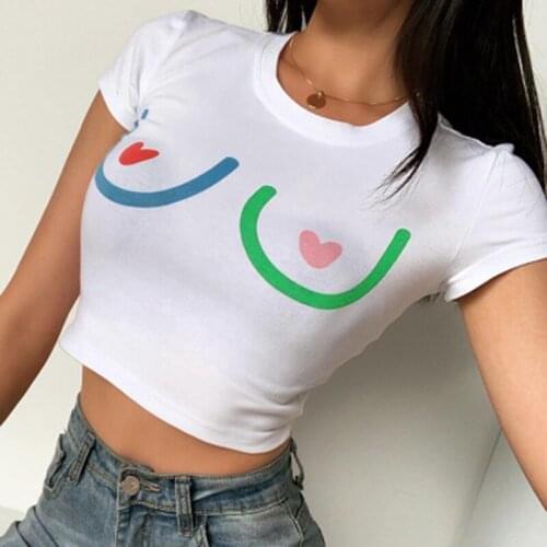 European American cotton tshirt Summer Love Printed Navel Girl Women Short sleeve top O Neck Sexy vintage Tight T-Shirt clothes