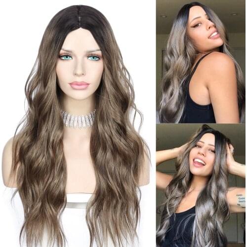 Lvcheryl Machine Made Simulated Scalp Synthetic Wig Brown Ombre Dark Roots Wigs for Women High Temperature Daily Cosplay Party