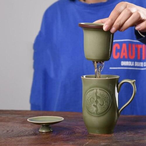 Coffee Mug Teacup 9oz Cup with Lid and Infuser Filter Microwave and Dishwasher Safe Porcelain Drinkware Engraved Fish Ceramic