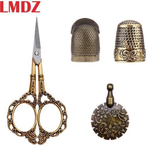 LMDZ 4pcs Portable Safety Sewing Scissors Thread Cutter Metal Brass Sewing Thimble Vintage Scissors Patchwork Tool DIY