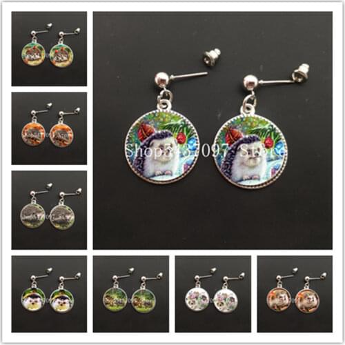 Cute hedgehog earrings handmade cute cartoon photos animal female glass cabochon earrings girl earrings jewelry gifts