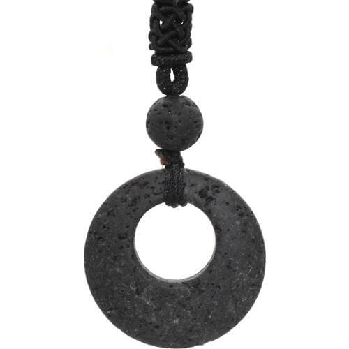 Trendy-beads Silver Plated Round Hollow Black Lava Stone Pendant Rope Chain Necklace Vintage Jewelry