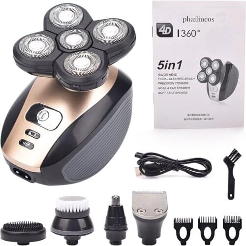 5 In 1 4D Mens Rechargeable Bald Head Electric Shaver 5 Floating Heads Beard Nose Ear Hair Trimmer Razor Clipper Facial Brush