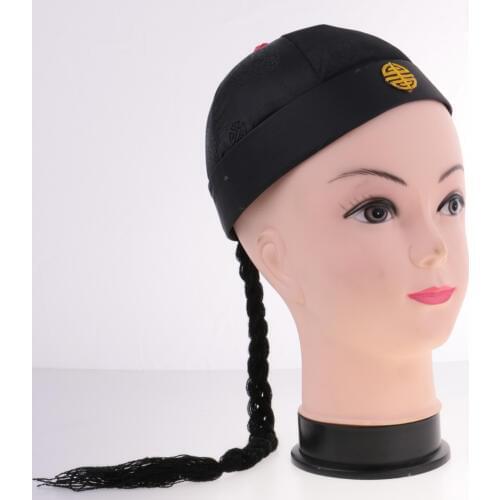 Pack Of 2 Pieces Adult Men Black Chinese Oriental Caps With Ponytail Vintage Party Costume Dressing Up Hats