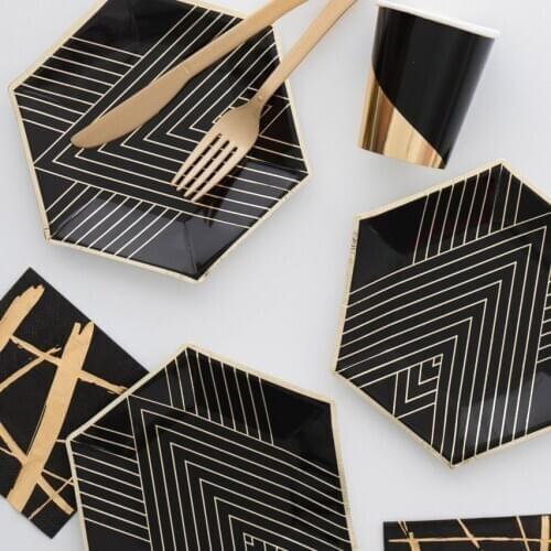 Gold Black Disposable Tableware Set Gold Foil Party Plates Cups Napkins, Black Gold Birthday Party Supply Black Party Plates