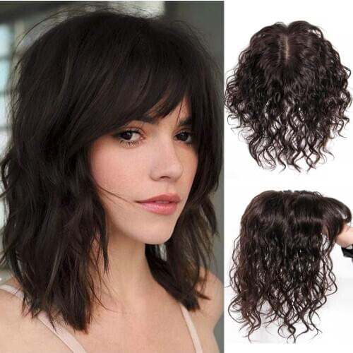 Natural Black Hair Topper Hairpieces with Bangs for Women Silk Base Human Hair Clip in Crown Toppers for Thinning Hair