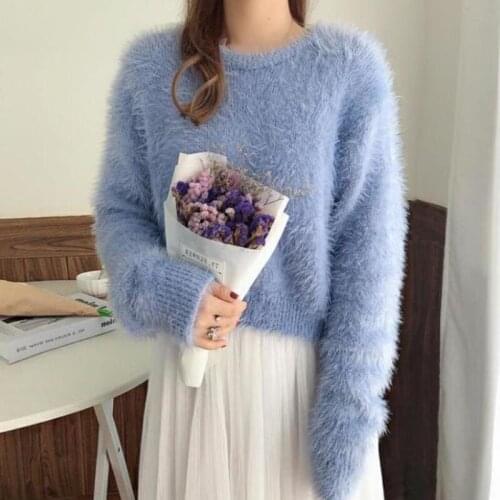 Solid Color Imitation Mink Velvet Pullover Sweater 2021 Autumn Winter New O neck Sweet Japanese Sweaters Ladies Knitted Crop Top