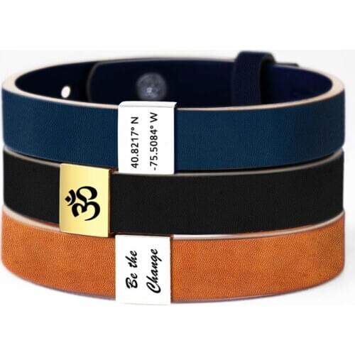 Personalized Anniversary Gift Stainless Steel Engraved Genuine Leather Bracelet lovers Birthday Gift Custom Coordinates Bracelet