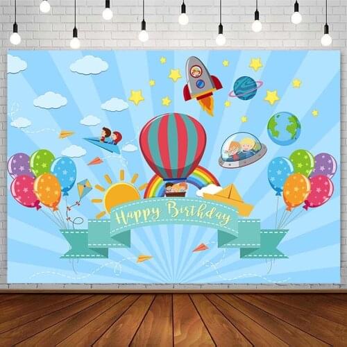 Happy Birthday Backdrop Hot Air Balloon Rainbow Spaceship UFO Astronaut Photography Background Photo Studio Photozone Decor Prop