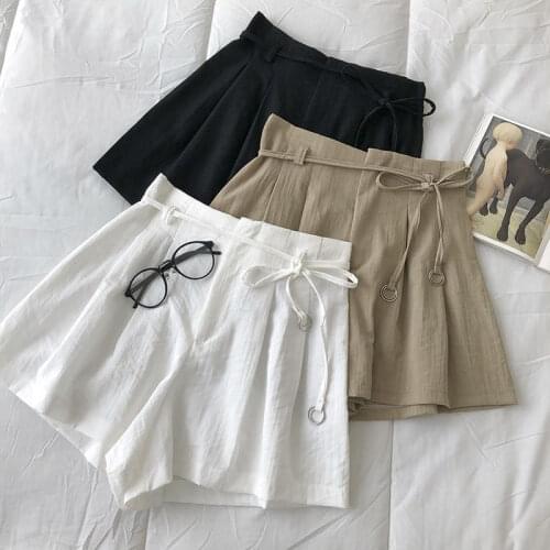 Cotton And Linen Wide Leg Shorts Women Lace Up Streetwear High Waist Casual Shorts Female Retro Thin Loose Summer Shorts C7265