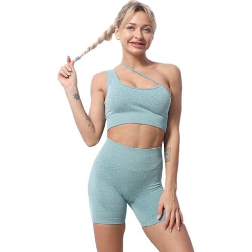 Blue Women Seamless 2PCS Yoga Set Sports Bra High Waist Fitness Gym Shorts Set Running Sportswear Workout Clothes Sports Suits