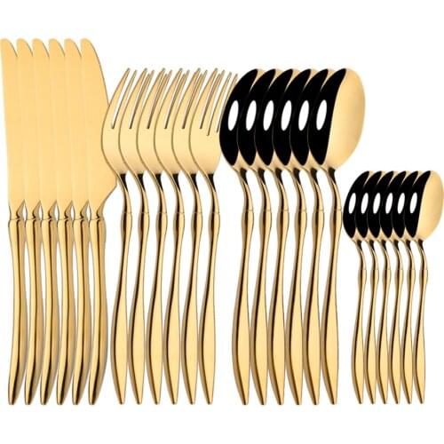 Flatware 304 Stainless Steel Cutlery Set Unique 24Pcs/6Set Gold Dinnerware Mirror Silverware Set Knife Fork Spoon Tableware Set