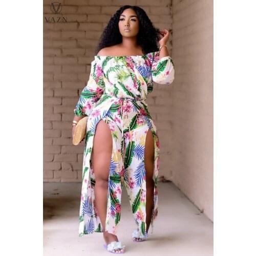 VAZN 2021 Off Shoulder Print Irregular Vintage Party Cross Bandage Top Full Sleeve Young Sexy Women Pencil Jumpsuits