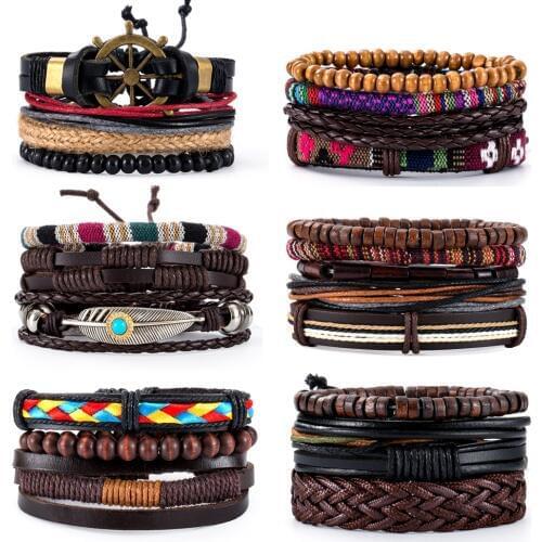 16 Styles Vintage Multilayer Handmade Bohe Rope Leather Bracelets Leaf Anchor Aircraft Wood Beads Bracelets & Bangle Wholesale